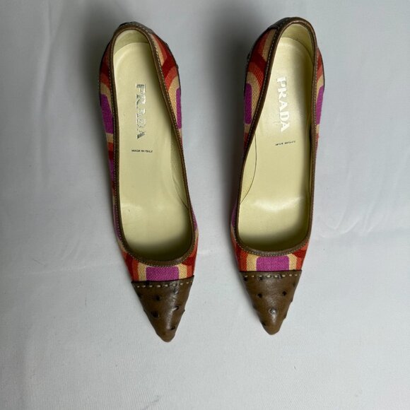 Prada | Size 37, US 7 | Pink, Red, and Purple Linen Heels with Brown Ostrich - Picture 5 of 7